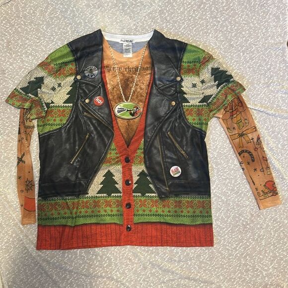 UGLY CHRISTMAS Sweater Shirt Men’s XXL Motorcycle Santa Tattoos Award Winning - Picture 1 of 15